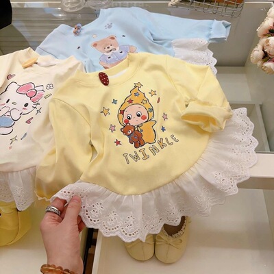 女童网纱拼接卡通印花花边袖打底衫2026春季新款PM041茆