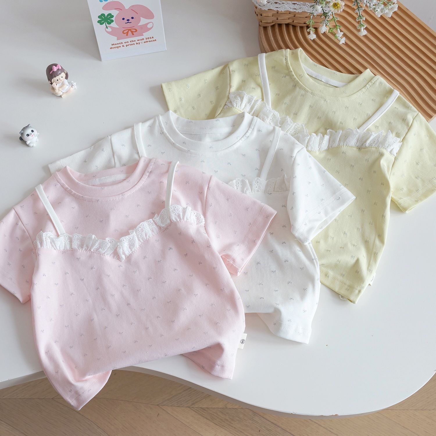 女童夏日休闲蕾丝拼接T恤2026新款百搭碎花可爱假两件短袖打底衫.