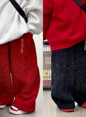 男女童红色新年裤子冬季2026新款一体加绒加厚儿童烫钻弯刀阔腿裤