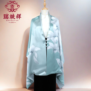 瑞蚨祥原创双层双面盘扣真丝围巾女春秋旗袍披肩两用外搭妈妈长巾