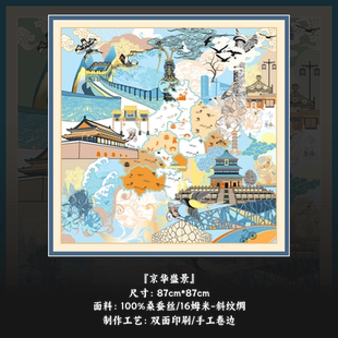 瑞蚨祥【京华盛景】原创桑蚕丝双面印花真丝丝巾新款方巾送礼礼盒