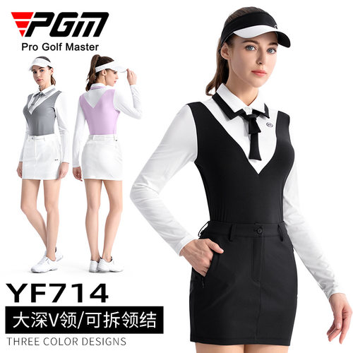 PGM高尔夫女装高弹深V长袖POLO配