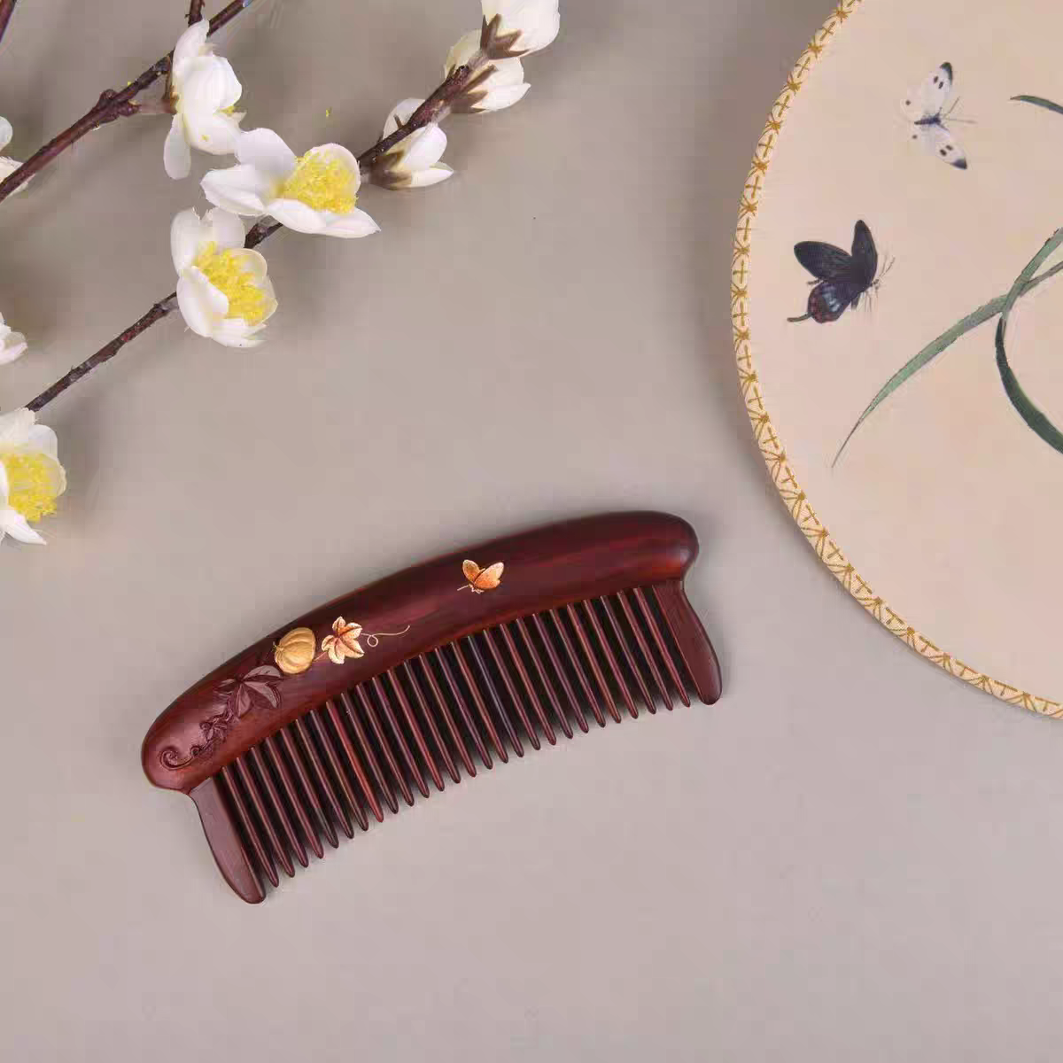 谭木匠雕刻梳礼盒紫檀酡红木高档瓜瓞绵绵 镶齿梳木梳子按摩梳