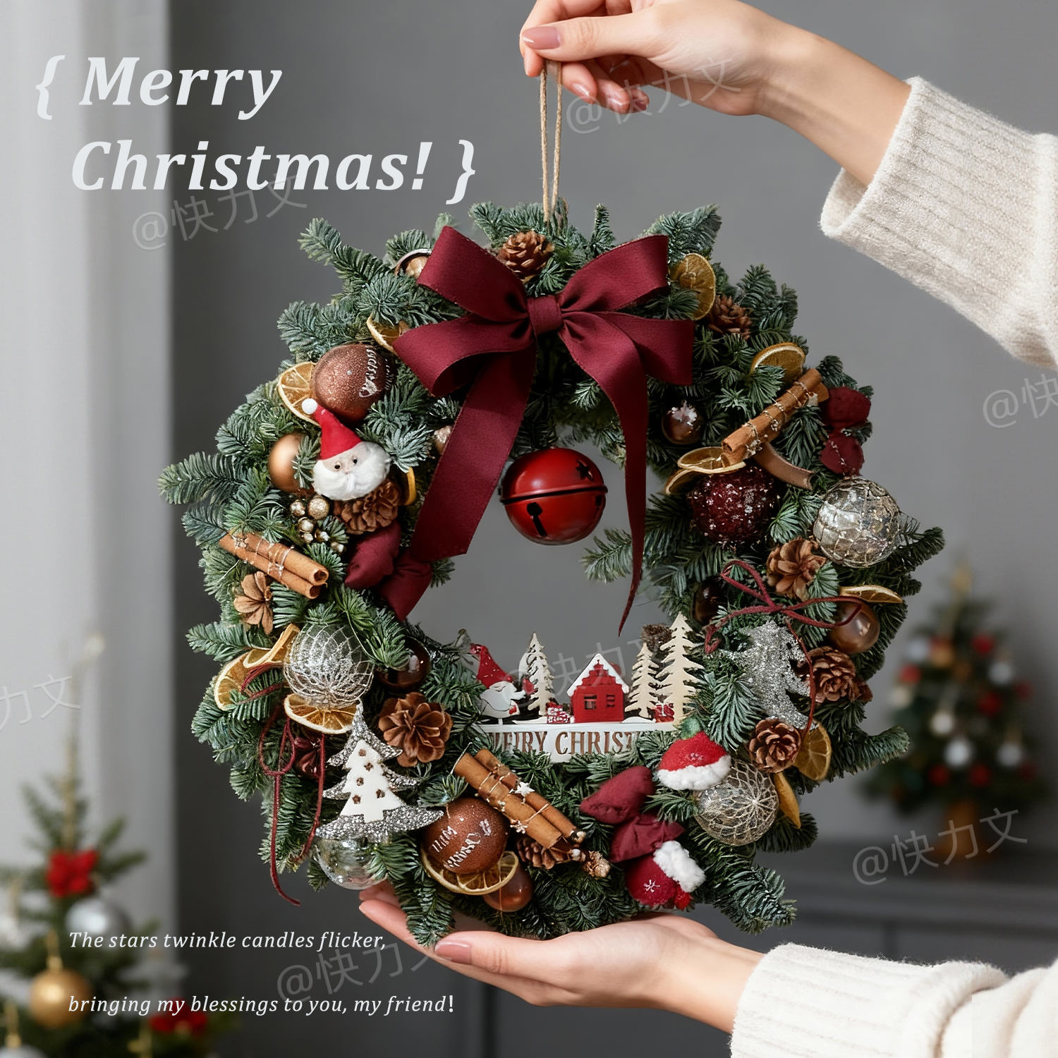 2025新款客厅圣诞节装饰花环门挂礼物墙面场景装饰布置圣诞花环