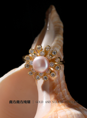 纯银珍珠复古风轻奢花朵戒指