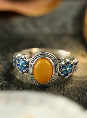 天然琥珀蜜蜡景泰蓝民族风戒指