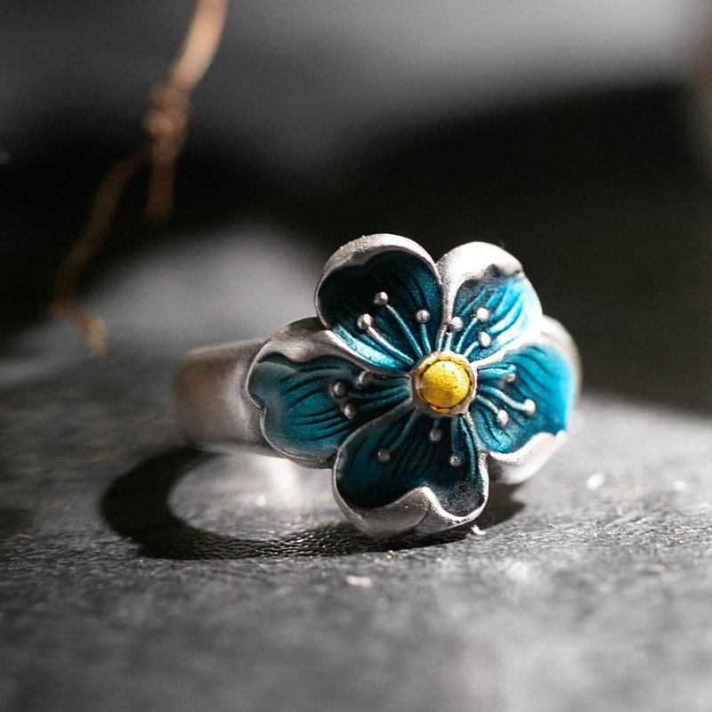 花语南方南方纯银饰品足银女款珐琅彩景泰蓝超仙复古风花朵大戒指