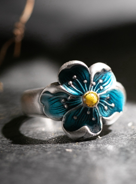 景泰蓝花朵女款戒指足银复古风