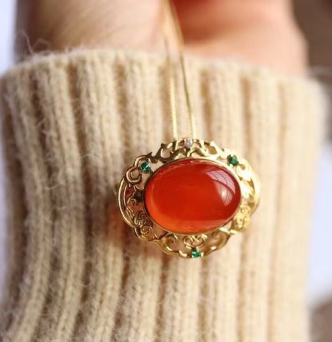 乘风南方南方纯银饰品天然南红玛瑙女款民族风复古轻奢胸针项链