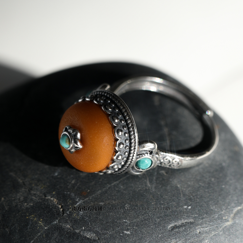 回眸纯银饰品天然琥珀老蜜蜡复古民族风气质女开口藏式绿松石戒指