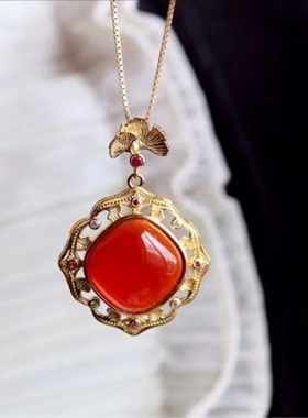 银杏南方南方纯银南红玛瑙女款复古风民族优雅轻奢项链毛衣链吊坠