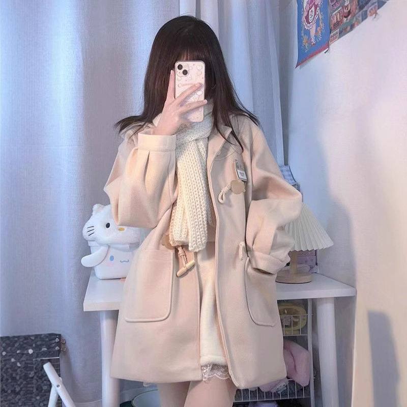 牛角扣日系毛呢外套女2025年秋学院风小个子中长款连帽呢子大衣