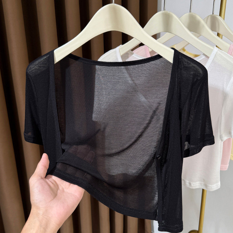 黑色莱赛尔冰丝针织披肩短袖外搭开衫女配裙子小坎肩短款防晒罩衫