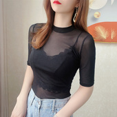 蕾丝打底 纱衣中袖 黑色网纱t恤女上衣五分袖 洋气减龄透视内搭薄款
