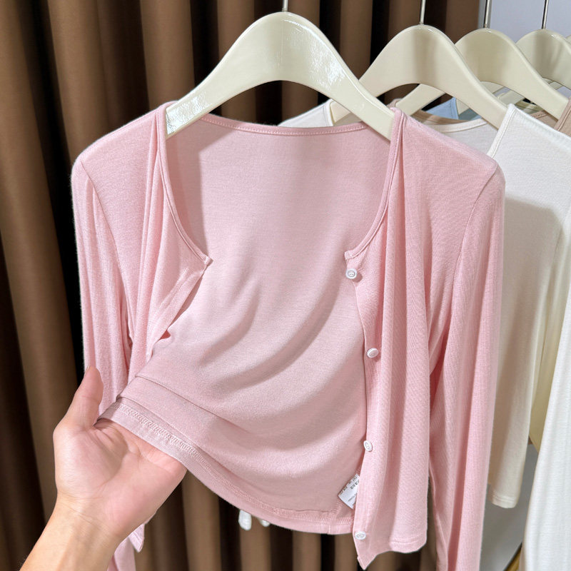 粉色冰丝针织开衫女夏季防晒图片