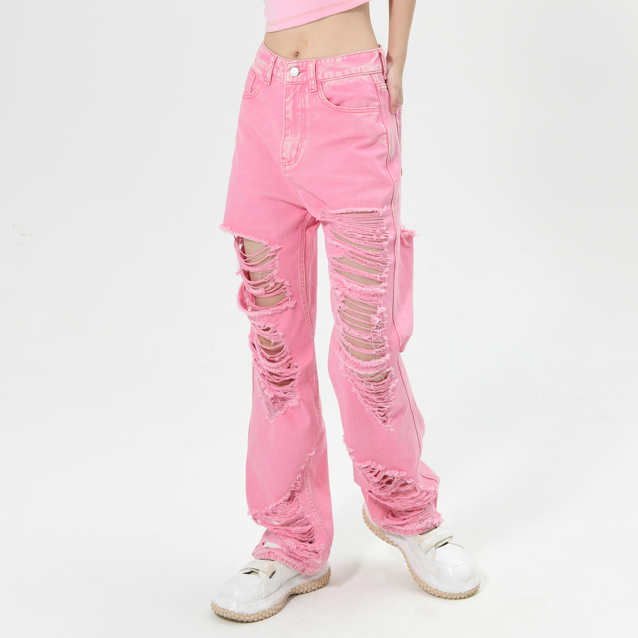 粉色水洗破洞宽松直筒辣妹牛仔裤