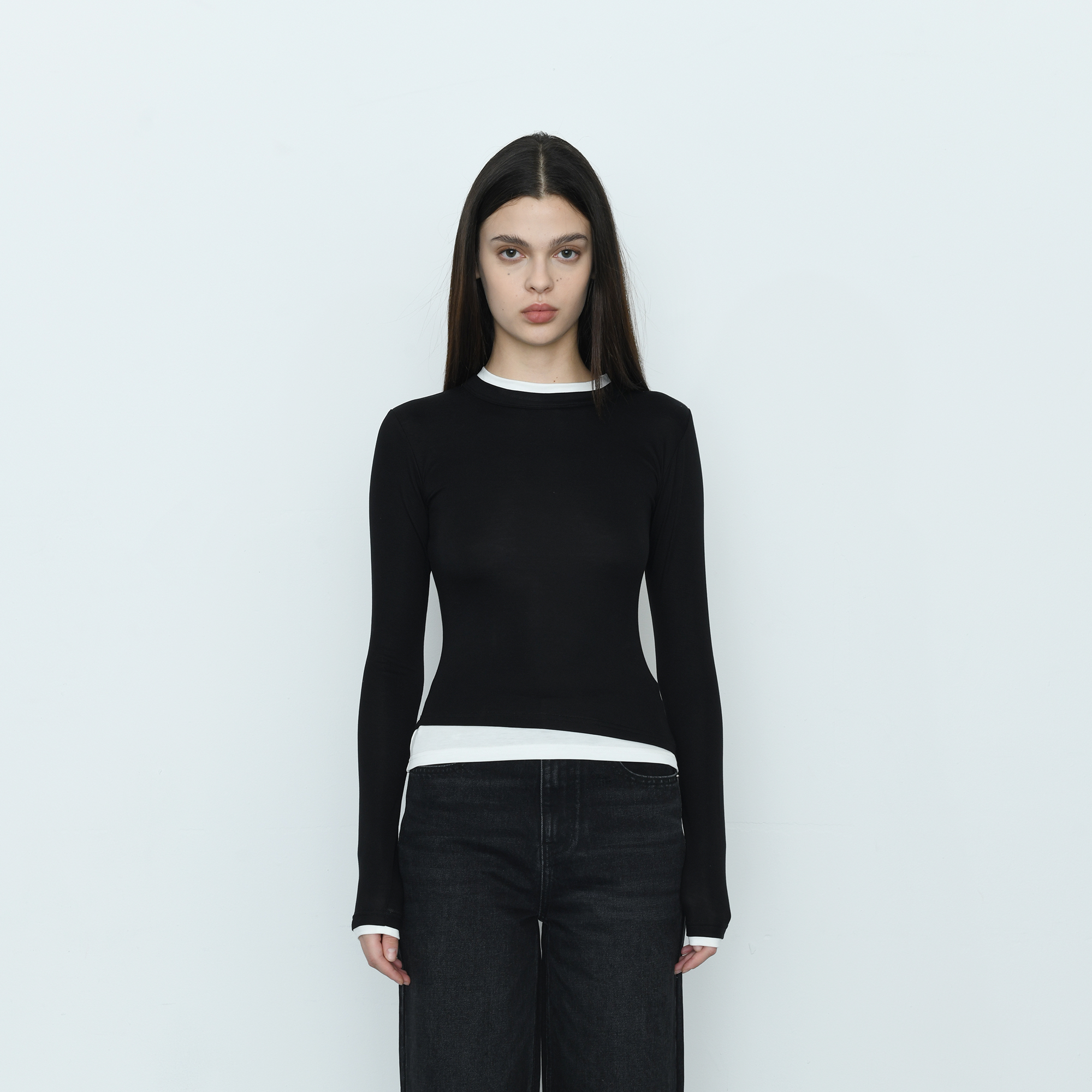 黑色基础撞色圆领柔软丝滑打底衫