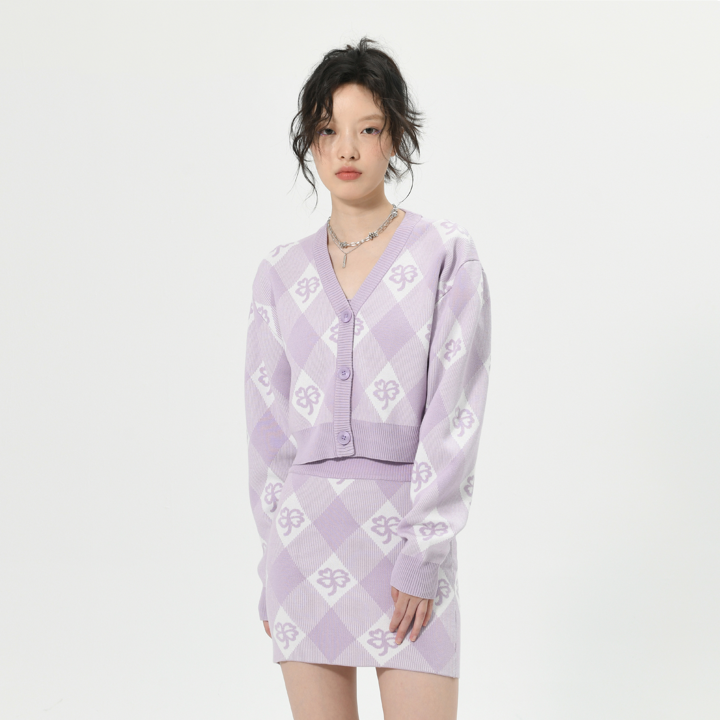 菱形格开衫IFFYIFFY校园V领短款