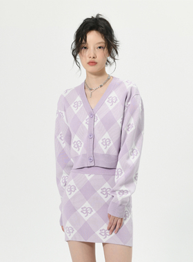 IFFYIFFY紫色短款宽松针织菱形格提花开衫毛衣甜辣风短外套上衣女
