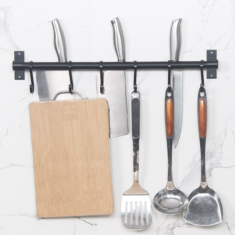 黑色不锈钢厨房置物收纳架挂墙上壁挂式挂杆多功能活动挂钩排钩架