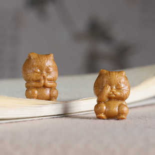 檀香木雕小猫咪配饰手工DIY配件吊坠钥匙扣可爱四不猫饰品小摆件