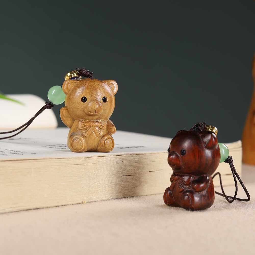 小叶紫檀泰迪熊可爱手机链钥匙扣绿檀木小熊情侣挂件车U盘吊饰品