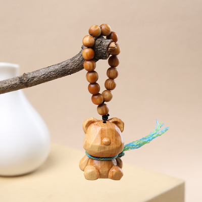 天然崖柏木雕卡通小熊编织挂件