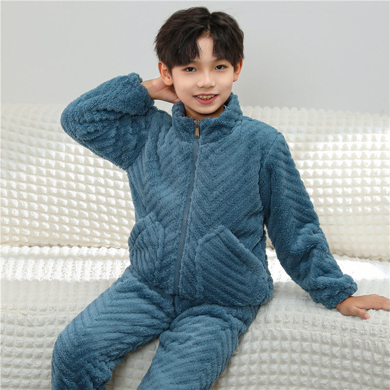 2025新款男童睡衣秋冬季珊瑚绒加厚款儿童男孩法兰绒青少年中大童