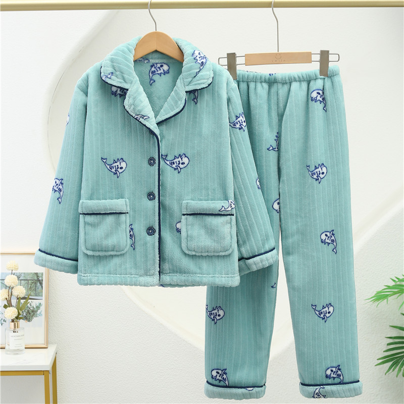 秋冬儿童法兰绒睡衣女童加厚珊瑚绒女孩中大童男童宝宝家居服套装