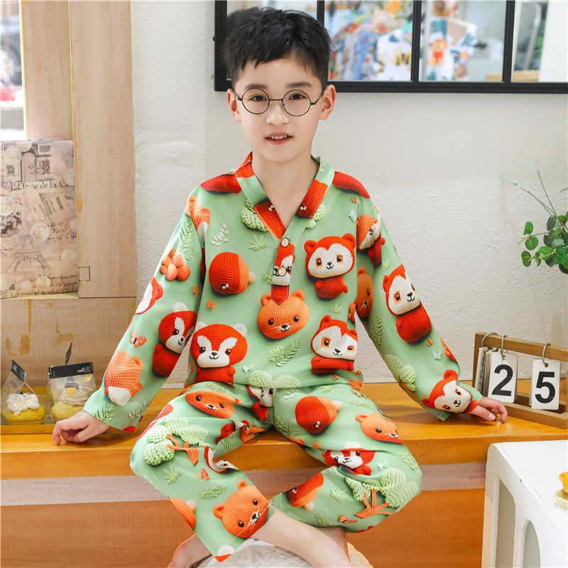 长袖儿童睡衣男童夏季薄款家居服套装中大童5D棉绸男孩春夏装
