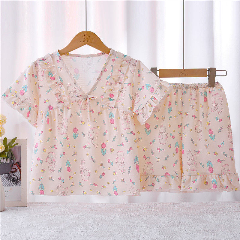 夏季儿童宝宝女孩睡衣空调服女童小女孩短裤家居睡衣纯棉短袖睡衣