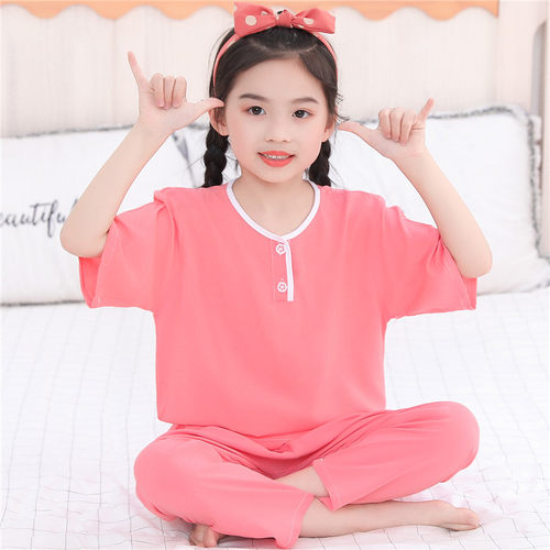 儿童睡衣女夏季女童短袖套装绵绸