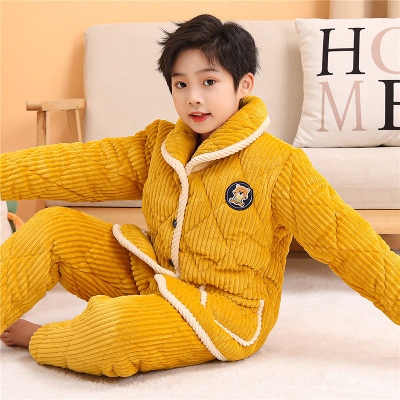 珊瑚绒男童小孩加厚夹棉袄家居服