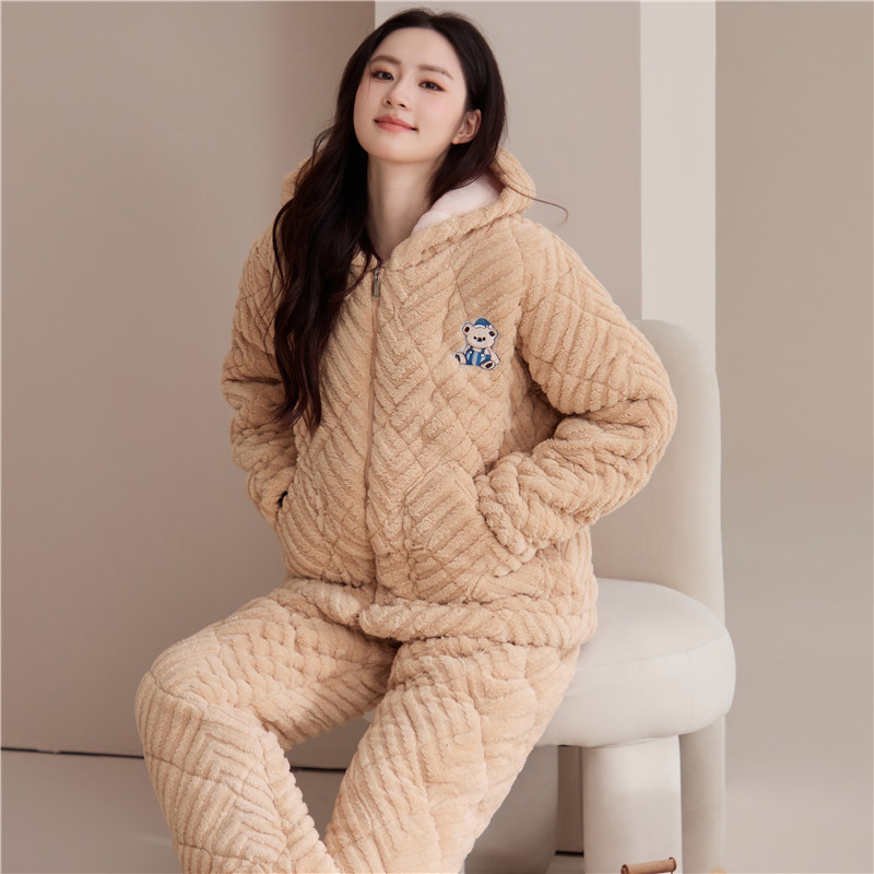 睡衣女冬季珊瑚绒加厚加绒三层夹棉超厚拉链可外穿冬天家居服套装