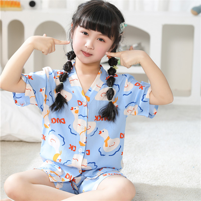 棉绸睡衣儿童夏季宝宝男童女童短袖家居服夏天女孩子薄款绵绸套装