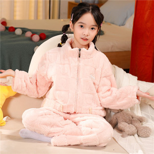 儿童睡衣女童珊瑚绒加绒加厚法兰绒秋冬季2024新款女孩宝宝家居服