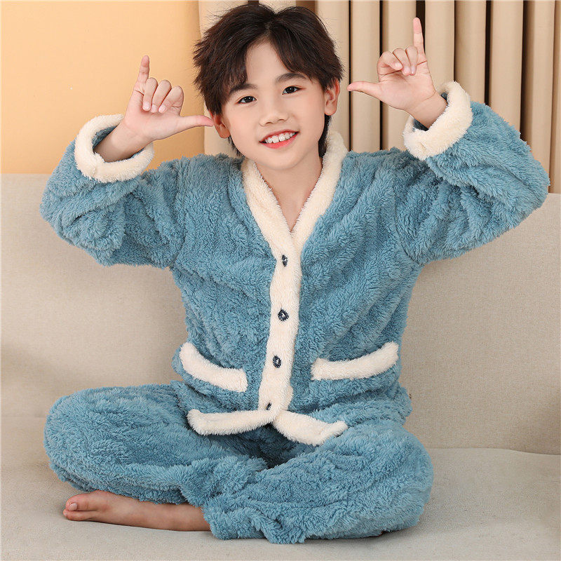 儿童秋冬季法兰绒睡衣男童女童春款加绒加厚宝宝珊瑚绒套装家居服