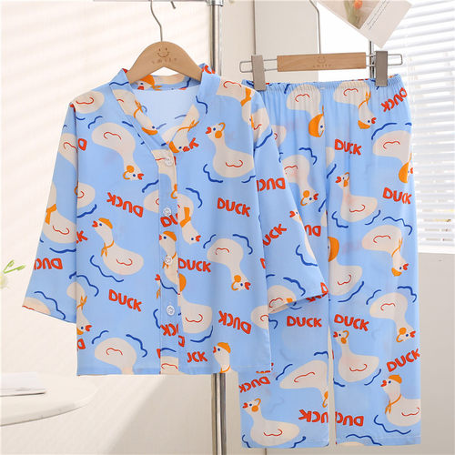 儿童睡衣夏季薄款棉绸男孩女孩小孩男童空调服宝宝绵绸女童家居服