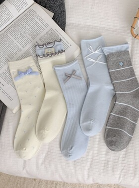 蓝灰色春夏女袜中筒袜韩系ins蝴蝶结刺绣堆堆袜复古中筒韩版袜~