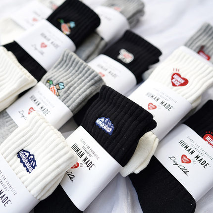 LookSocks潮牌HUMAN袜子个性刺绣爱心纯棉中筒袜ins毛巾底篮球袜