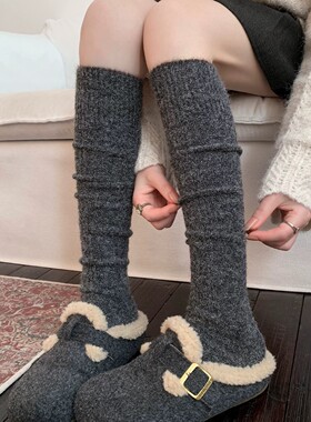 秋冬保暖加厚深灰色长筒袜~羊毛小腿袜女配博肯鞋羊绒高筒靴袜&