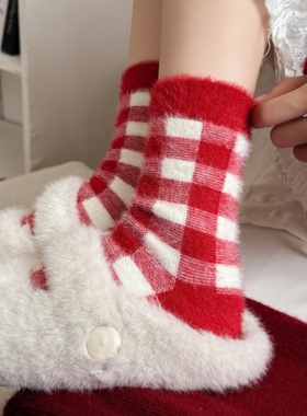 红色复古格纹红甜美袜~菱形格毛绒个性保暖中筒袜！红火过新年