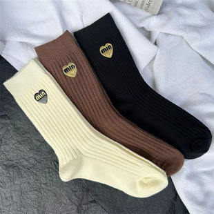 LookSocks秋冬双针烫印字母爱心洋气百搭中筒袜纯色竖纹堆堆袜紫