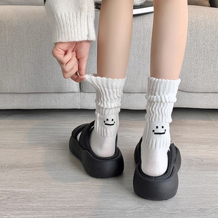 LookSocks堆堆袜后跟笑脸印花纯色全棉长袜男女日系港风潮袜百搭