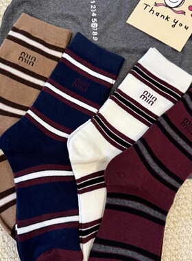 韩系学院风条纹字母安可拉红色中筒女款百搭全棉可堆堆