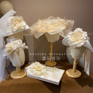 喜品原创2025法式新娘礼帽大花朵连纱帽外景旅拍婚纱照写真造型帽