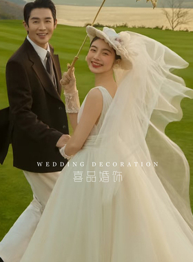 法式新娘礼帽花朵连纱外景样片