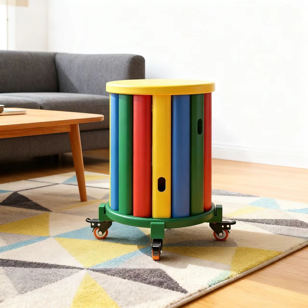 多巴胺叠叠乐凳子实木滑轮可移动家用客厅圆凳结实耐用餐椅可叠放