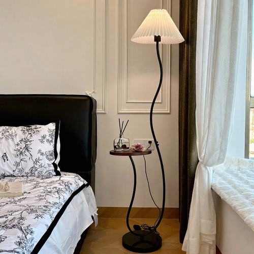 中古风床头柜落地灯一体台灯家用卧室小众设计感带灯替代品置物架