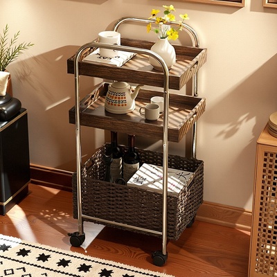 小推车置物架客厅沙发边几可移动茶几中古床头落地多层零食收纳架